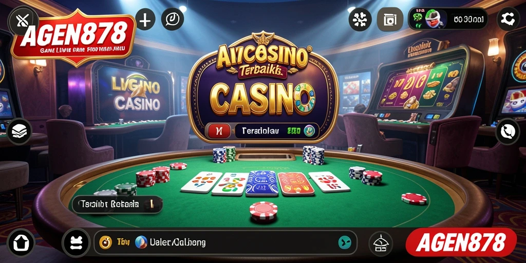 Tangkapan layar gameplay AGEN878 yang menampilkan dealer langsung dan suasana kasino yang menarik.