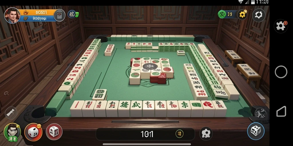 Screenshot gameplay BOS01 menampilkan suasana Mahjong yang seru.