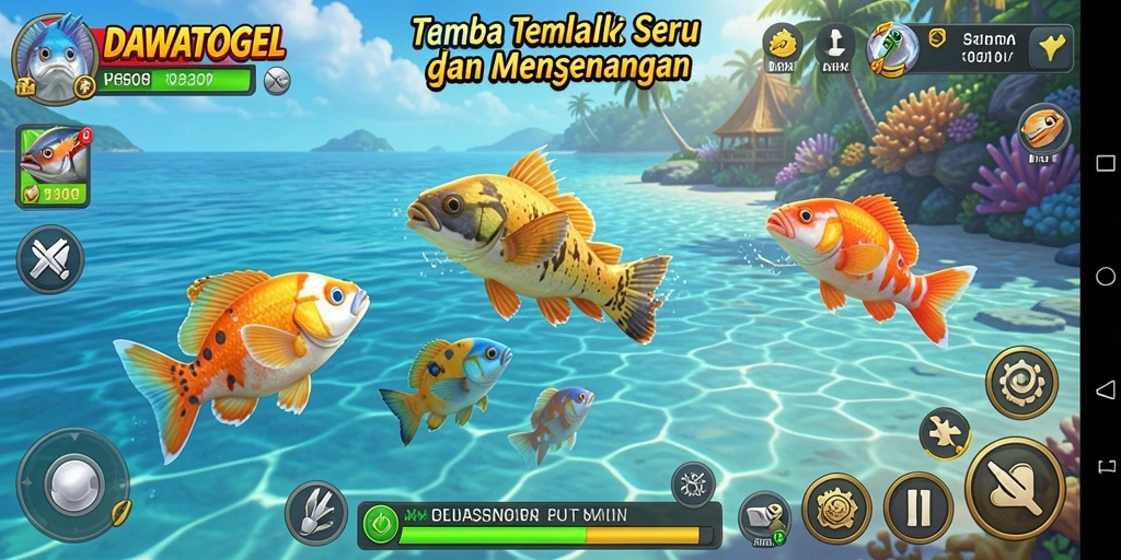 Screenshot gameplay DAWATOGEL menampilkan aksi seru menembak ikan.