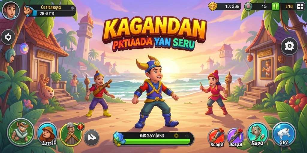 Tampilan layar permainan KAGANDAN menampilkan aksi seru dan karakter yang menarik.