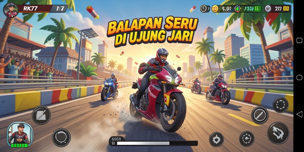 Tampilan seru balapan di RK77 dengan grafis menawan.