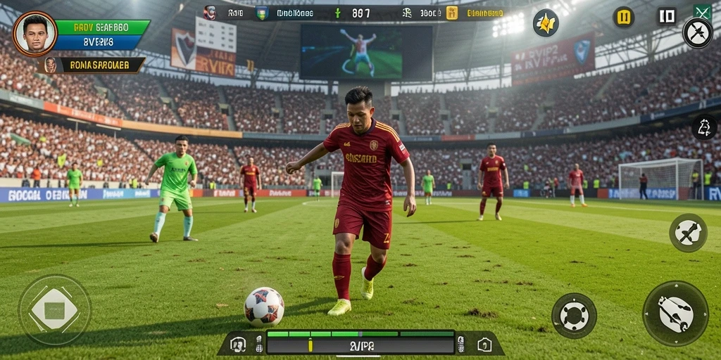 Screenshot gameplay RVIP2 yang menunjukkan aksi sepak bola yang mendebarkan.
